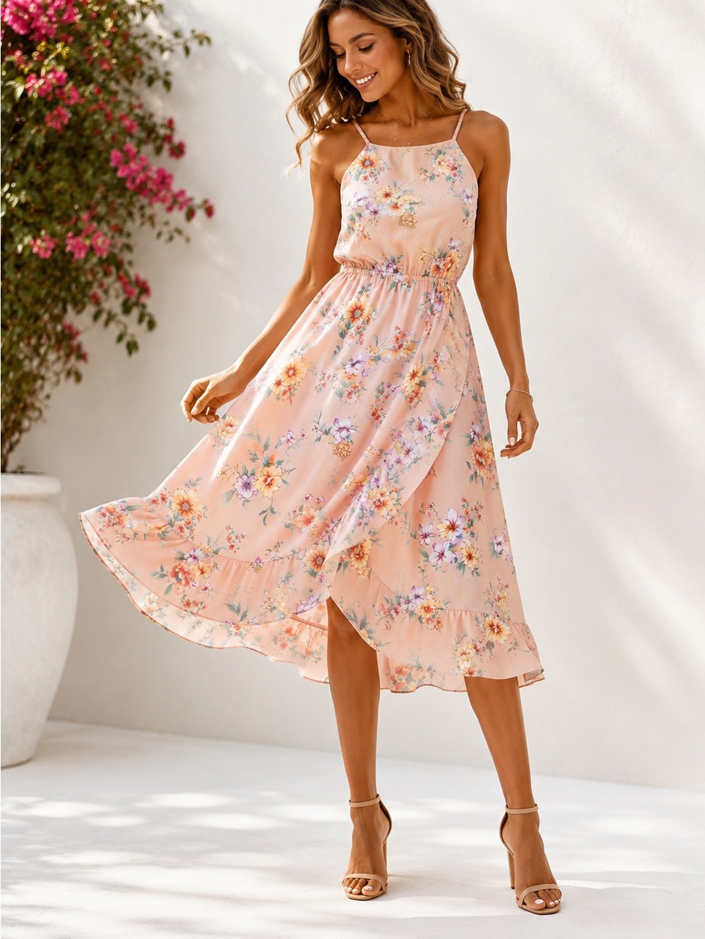 Lush Floral Halter High-Low Midi Dress Blush Pink S